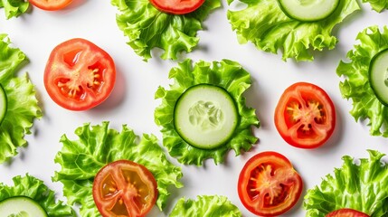 Fresh salad ingredients pattern with lettuce, tomato, and cucumber slices
