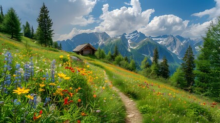 Wall Mural - Alpine meadow with bright flowers and herbs