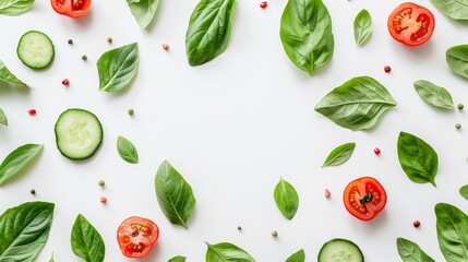 Wall Mural - Fresh basil leaves, sliced tomatoes and cucumbers on white background