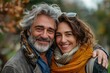 © Raool - woman man couple happy together hug bonding mature mid middle age aged park outdoor talking leisure fun smiling love old nature wife happiness lifestyle people adult caucasian husband, Generative AI