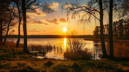 Poster - Evening landscape with a lake and silhouettes image