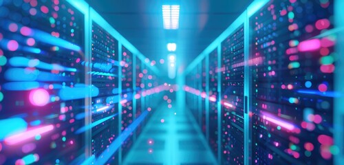 Poster - Illuminated Futuristic Server Racks in High-Tech Data Center Environment
