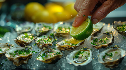 Sticker - Close-up of hands squeezing lemon juice on oysters