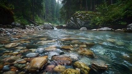 Wall Mural - Mountain stream with crystal clear water flowing picture