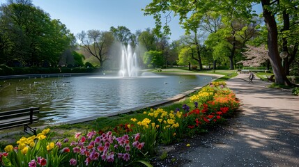 Wall Mural - City park with a lake and fountains image