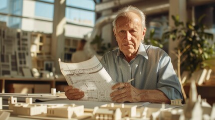 The picture of caucasian architect male working on the blueprint to planning a city, the city designer or architect require architecture knowledge, planning, communication and the management. AIG43.