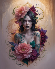 Poster - beautiful flower girl tattoo illustration 