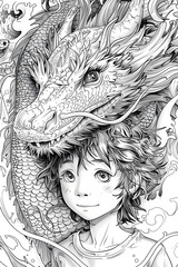 Wall Mural - Monochrome art of girl with dragon perched on her head
