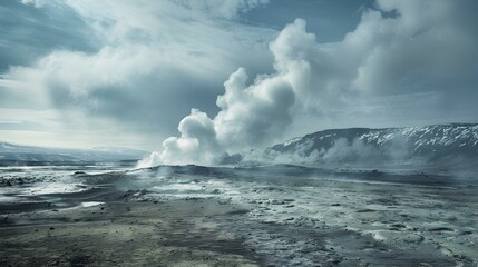 Wall Mural - A landscape with hot geysers emitting steam img