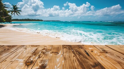 Wall Mural - Tropical beach paradise with crystal clear water and wooden deck