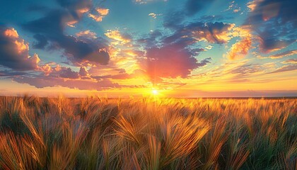 Wall Mural - Natural panoramic countryside landscape with blooming wild grass at sunset.