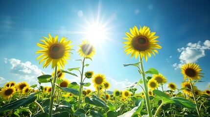 Wall Mural - Landscape with fields of sunflowers illuminated img