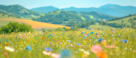 Wall Mural - Natural panoramic countryside landscape with blooming wild grass at sunset.