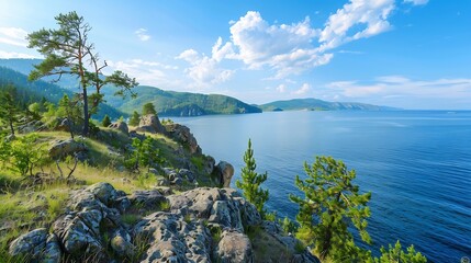 Wall Mural - Beautiful summer panoramic landscape with view from hill to lake Baikal shore and Angara source Chersky stone in Listvyanka village at Baikal lake coast Amazing siberian nature Siberia : Generative AI