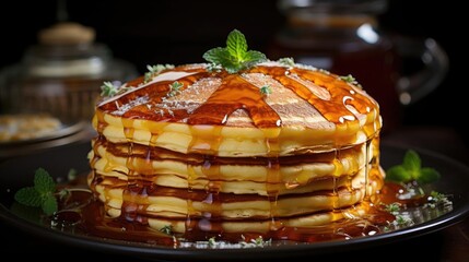 Wall Mural - Close-Up of pile of pancakes with melted sweet syrup and fruit toppings with a blurred background
