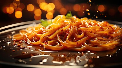 Poster - close up delicious spaghetti full of spices, black and blur background