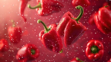 A close up of red peppers in the air