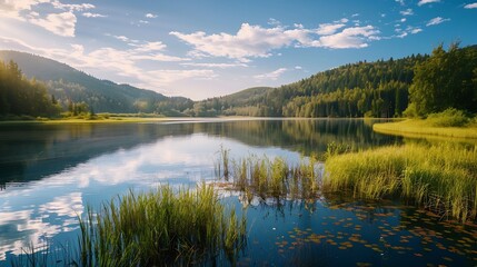 Poster - Impressive views of untouched wildlife and a magical lake on a sunny day Location place Small Polissya Ukraine Europe Ecology of pure nature Photo wallpaper Discover the beauty of eart : Generative AI