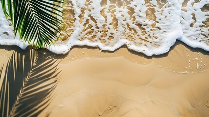 Poster - empty abstract sand beach with palm leaf shadow and transparent water wave from above blank background banner for travel vacation and wellbeing with copy space : Generative AI