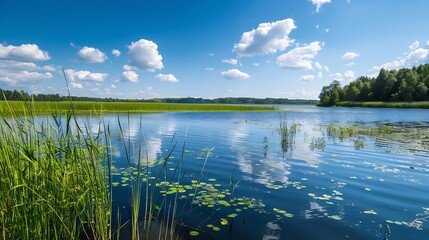 Poster - Impressive views of untouched wildlife and a magical lake on a sunny day Location place Small Polissya Ukraine Europe Ecology of pure nature Photo wallpaper Discover the beauty of eart : Generative AI