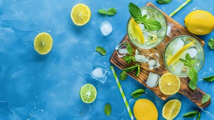 Poster - Two glasses of mojito cocktail or tonic with lemon lime mint and ice on a wooden board Summer concept of refreshing drink with citrus fruits on a blue background Top view and copy spac : Generative AI