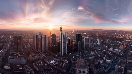 Poster - Wide panoramic aerial cityscape of Frankfurt am Main Germany Skyline panorama of the Bankenviertel financial centre skyscrapers at sunset : Generative AI