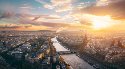 Poster - Paris aerial panorama with river Seine and Eiffel tower France Romantic summer holidays vacation destination Panoramic view above historical Parisian buildings and landmarks with sunse : Generative AI