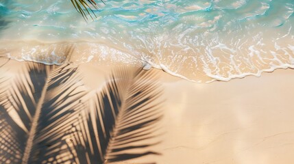 Poster - empty abstract sand beach with palm leaf shadow and transparent water wave from above blank background banner for travel vacation and wellbeing with copy space : Generative AI