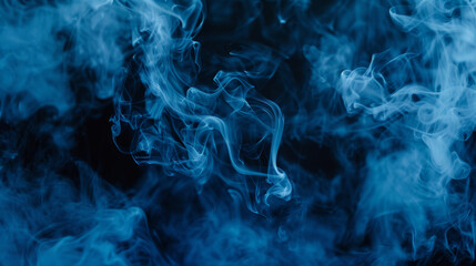 Smoke billowing out in shades of blue, set against a backdrop of inky black.