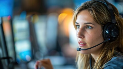 Wall Mural - A woman wearing a headset is looking at a computer screen. She is wearing a headset and she is focused on her work