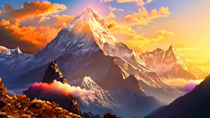 Wall Mural - Beautiful mountain landscape with snow-capped peaks at sunset, Mountain landscape at sunset in the Himalayas, Nepal, Asia