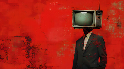 Wall Mural - Contemporary collage featuring a man in a suit with a retro TV for a head against a textured red background, evoking media influence themes.