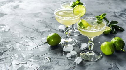 Poster - Delicious Margarita cocktail in glasses and limes on grey table : Generative AI