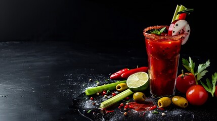 Poster - Bloody Mary cocktail with celery gherkin olive lime and red pepper Tomato drink on a black background : Generative AI