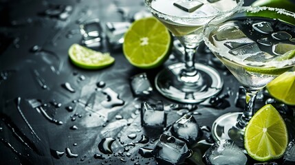Poster - Delicious Margarita cocktail with ice cubes in glasses and lime on table closeup : Generative AI