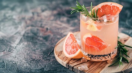 Poster - Grapefruit cocktail with rosemary garnish in a glass served on a wooden cutting board Vibrant refreshing drink perfect for summer menu or cocktail recipes Greyhound lemonade paloma moc : Generative AI