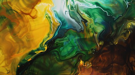 Poster - Abstract Acrylic Masterpiece featuring Vibrant Tonal Interplay of Green Brown Yellow and Orange : Generative AI