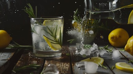 Poster - Cocktail gin tonic with ice lemon and rosemary on a old wooden table Gin is poured from a bottle into a glass with ice and lemon slices Copy space : Generative AI