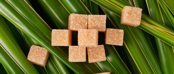 Brown sugar cubes from above, surrounded by green sugar cane stalks, label in focus, clear and high-quality, isolated setting