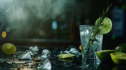 Poster - Gin tonic and rosemary cocktail drink with lime juice sugar syrup soda and ice Black bar counter background : Generative AI
