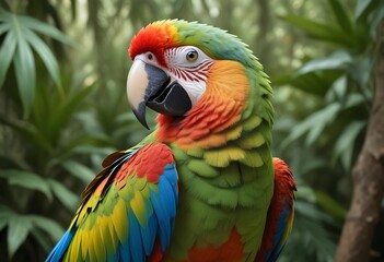 Poster - A vibrant macaw parrot with colorful feathers perched in a lush tropical forest.