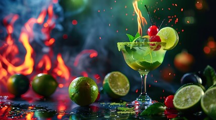 Limelight cocktail on a dramatic backdrop with flaming lime and decor Colorful and elegant : Generative AI