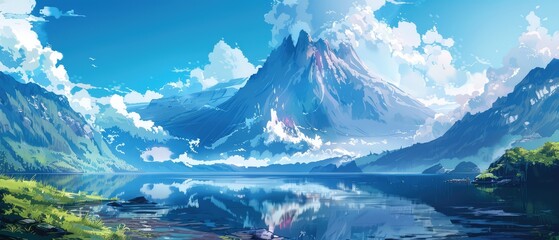 Wall Mural - Anime background scene of a big lake in the nature and a volcano, illustration
