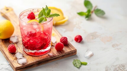 Aufkleber - Raspberry cocktail with ice in a glass on a wooden cutting board A refreshing berry drink with mint and lemon on a light background : Generative AI