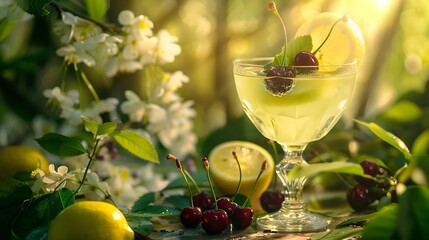 Poster - Fresh summer cocktail limoncello sunrise in a glass with lemon and  cherries : Generative AI