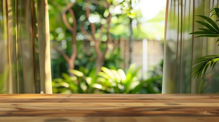 Poster - Empty wood table top with green garden window curtain abstract blur background for product display blurred window background with table for decoration display montage advertising produ : Generative AI