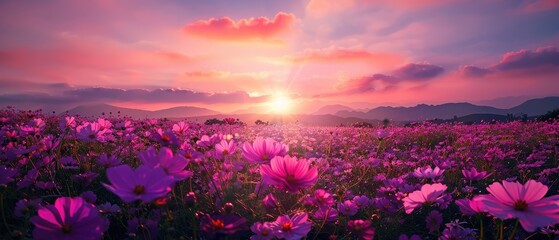 Wall Mural - cosmos flower field landscape beautifully illuminated by the sunset creating a stunning nature wallp