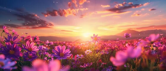 Wall Mural - beautiful and amazing of cosmos flower field landscape in sunset. nature wallpaper background