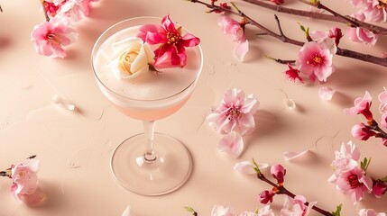 Aufkleber - Summer refreshing drink Light pink rose cocktail on a beige background with spring cherry flowers : Generative AI