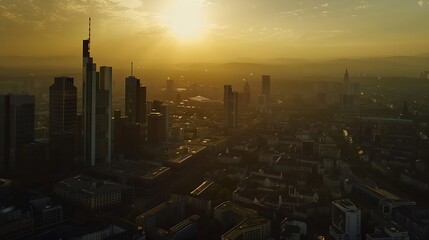 Poster - Wide panoramic aerial cityscape of Frankfurt am Main Germany Skyline panorama of the Bankenviertel financial centre skyscrapers at sunset : Generative AI